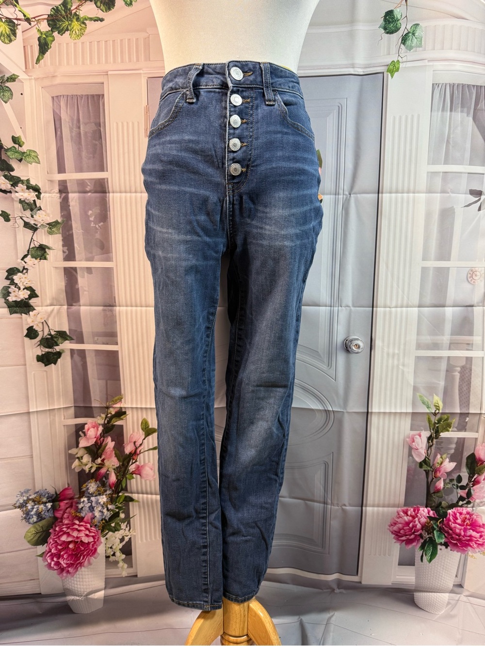High-Rise Button-Fly Straight Jeans in Dark Blue